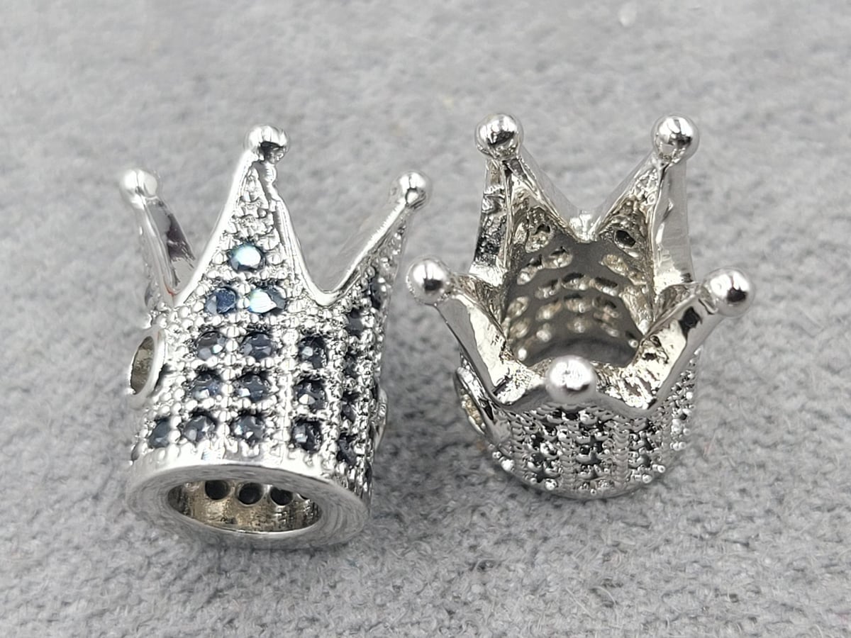 Бусина корона 8*12 мм колір срібло з чорними фіанітами (гіпоалергенний сплав)