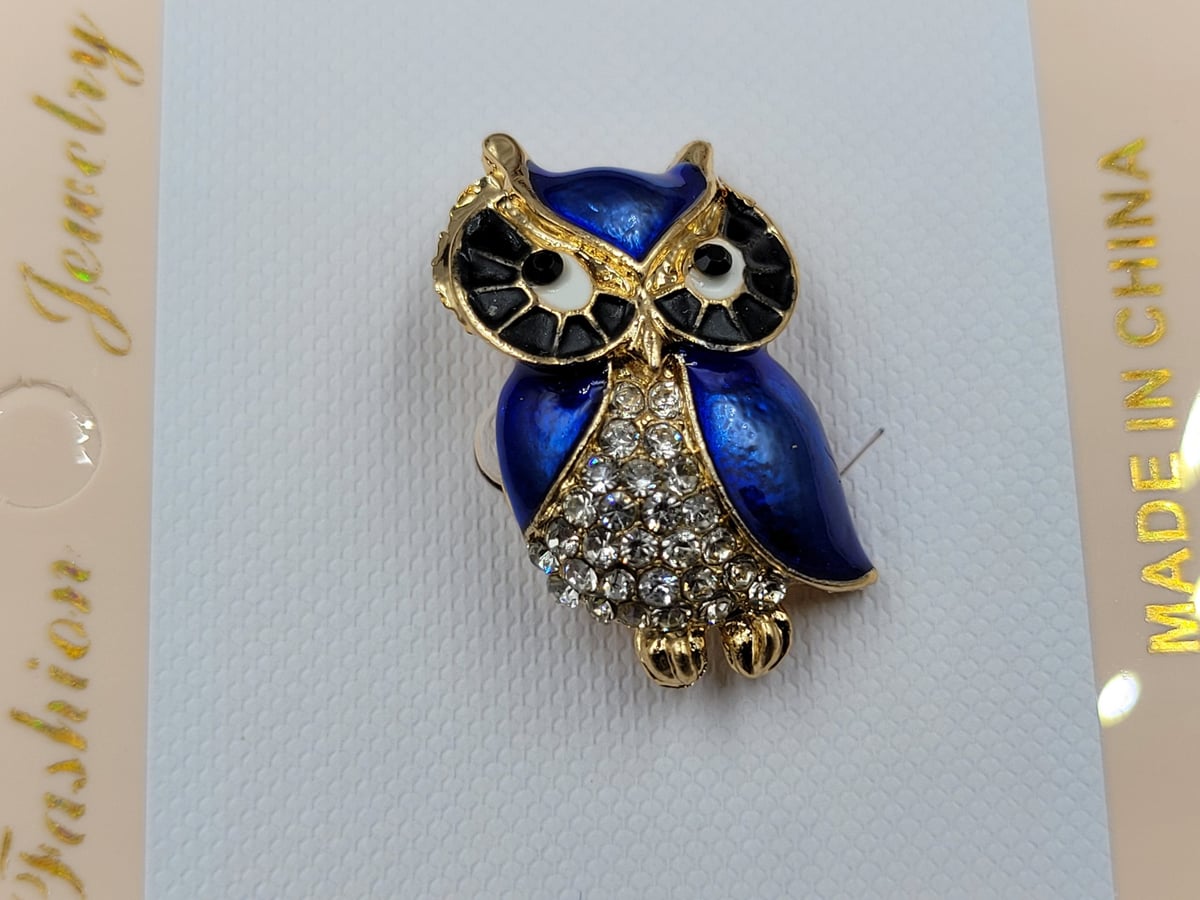 Брошь *сова* синя 3*1,8 см колір золото