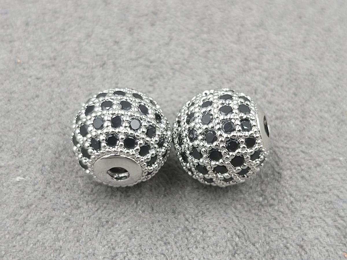 Бусина куля 10 мм  родій з чорними фіанітами (гіпоалергенний сплав)