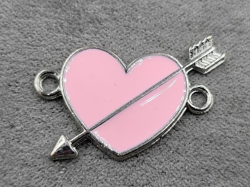 Конектор серце 16*25 мм рожева емаль в металі стального кольору