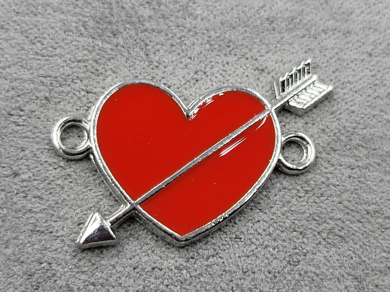 Конектор серце 16*25 мм червона емаль в металі стального кольору