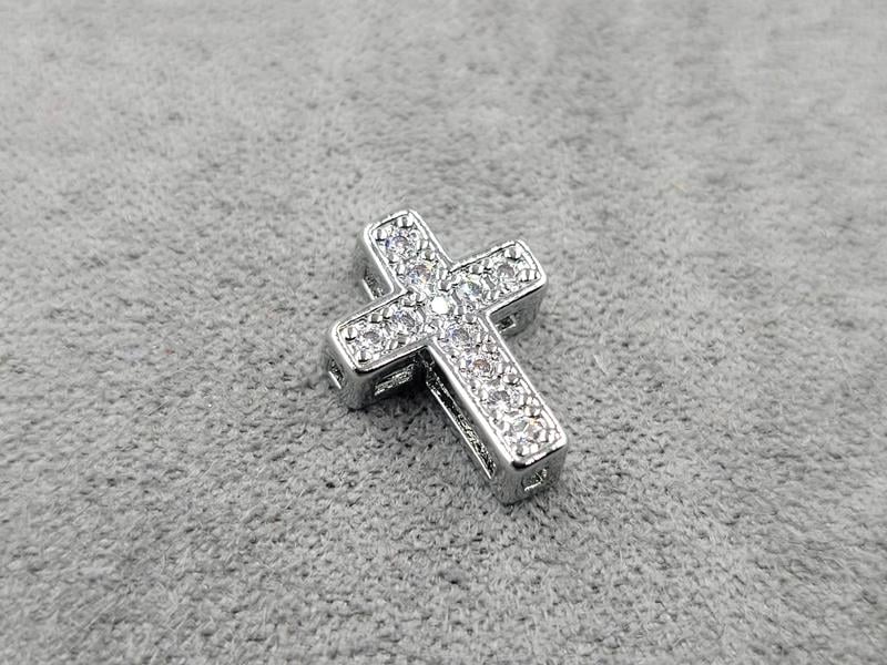 Бусина хрест 10*13 мм з фіанітами родій (гіпоалергений сплав)