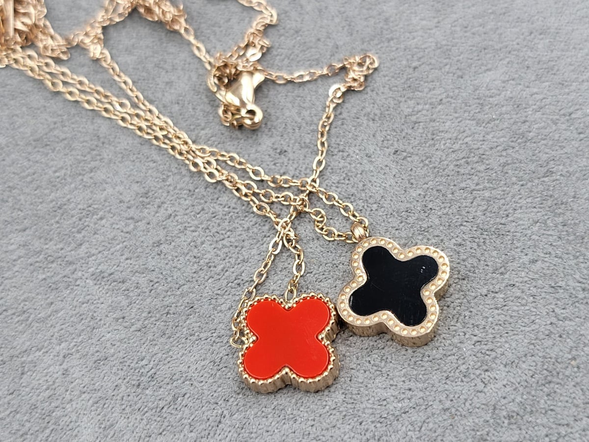 Кулон 13 мм (2-сторонній чорний+червоний) ланцюжок 40 см + 5 см нержавіюча сталь рожеве золото