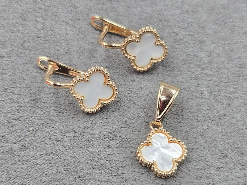 Комплект конюшина сережки 12*18 мм + кулон 12 мм (мед. сплав)