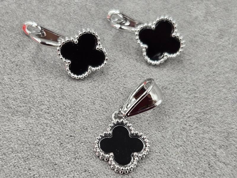 Комплект конюшина сережки 12*18 мм + кулон 12 мм родій (мед. сплав)